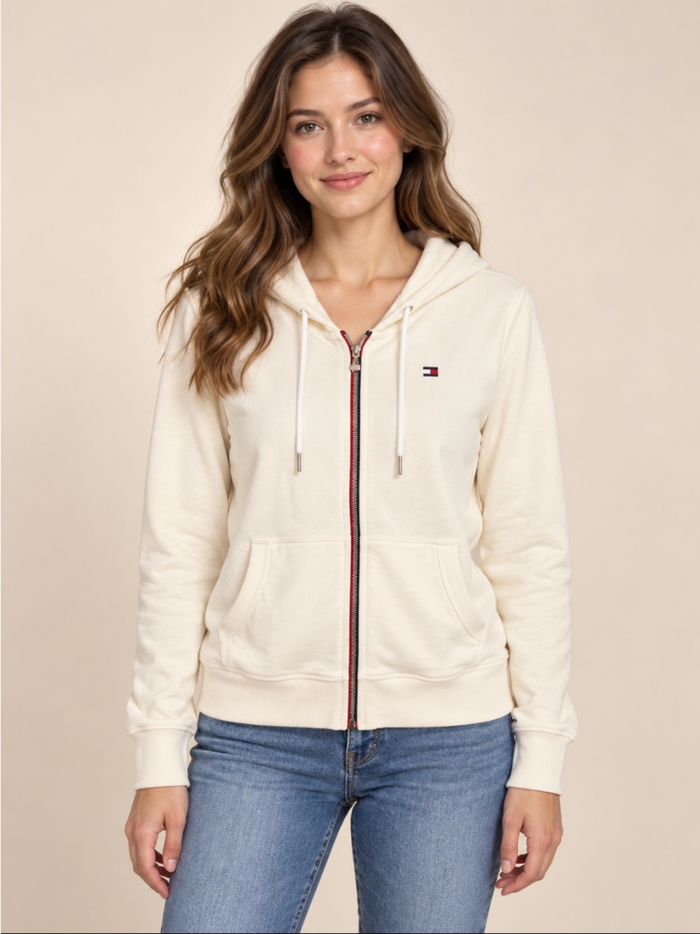 Tommy Hilfiger Cream Zip Hoodie with Contrast Trim Size Medium